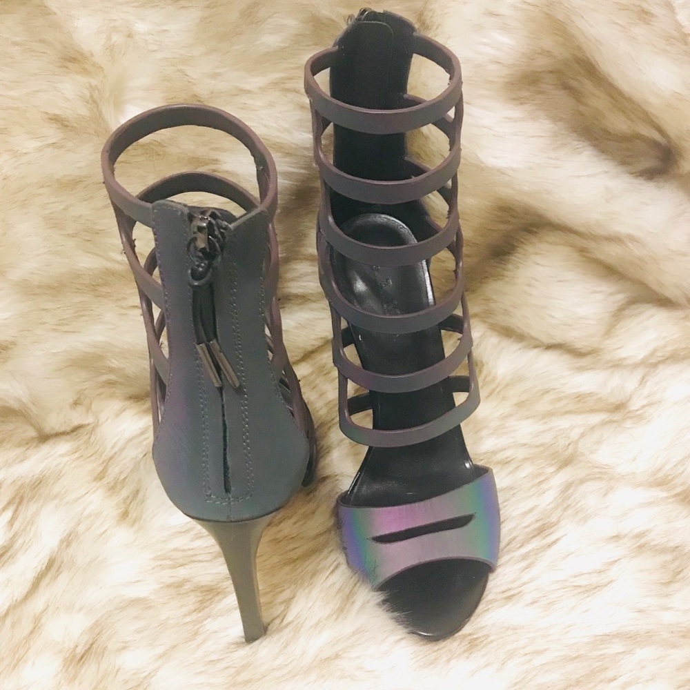 L.A.M.B Oakley cage gladiator sandals pewter